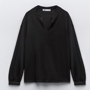 ZARA Semi Sheer Notch-Neck Long Sleeve Top